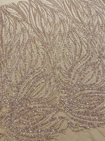 Dantela Couture Auriu Rose cu Model Liniar, cu Margele si Paiete