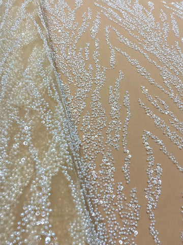 Dantela Couture Ivory cu Tulle Nude cu Perle, Margele si Paiete