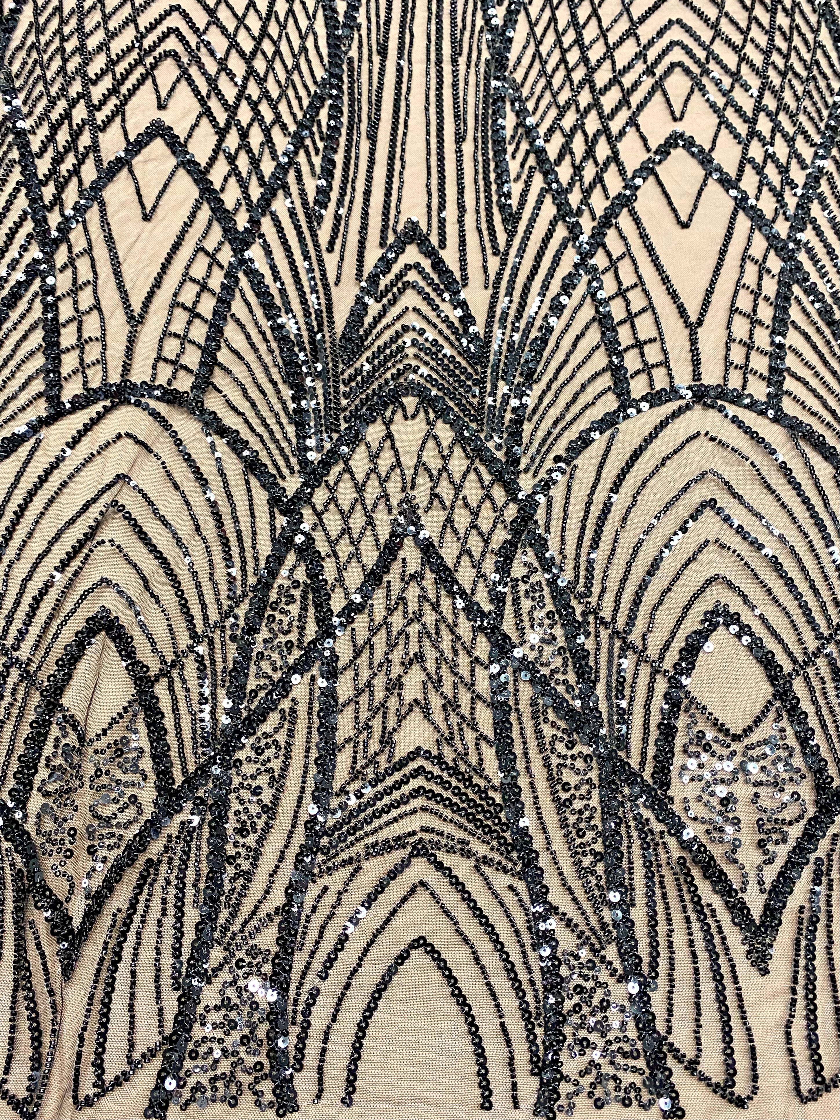 Dantela Couture Neagra cu Panou, cu Margele si Paiete