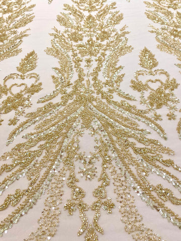 Dantela Couture Aurie cu Model Floral, cu Perle, Margele si Paiete