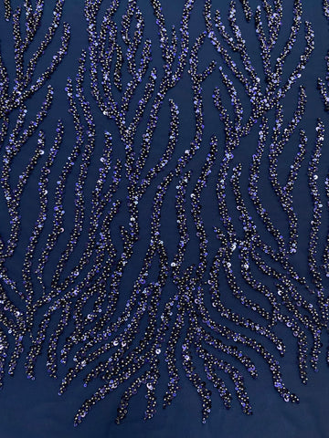 Dantela Couture Bleumarin cu Siraguri, cu Margele si Paiete