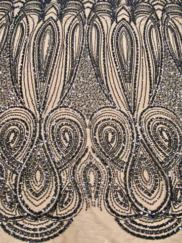 Dantela Couture Neagra cu Model Geometric, cu Perle, Margele si Paiete