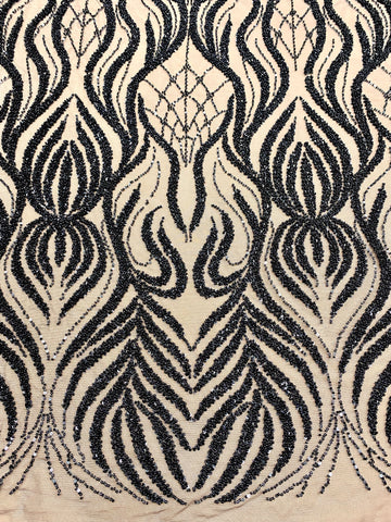 Dantela Couture Neagra cu Model Geometric, cu Margele si Paiete