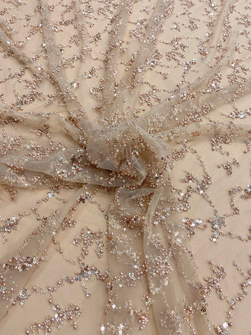 Dantela Couture Auriu Rose cu Perle, Margele si Paiete