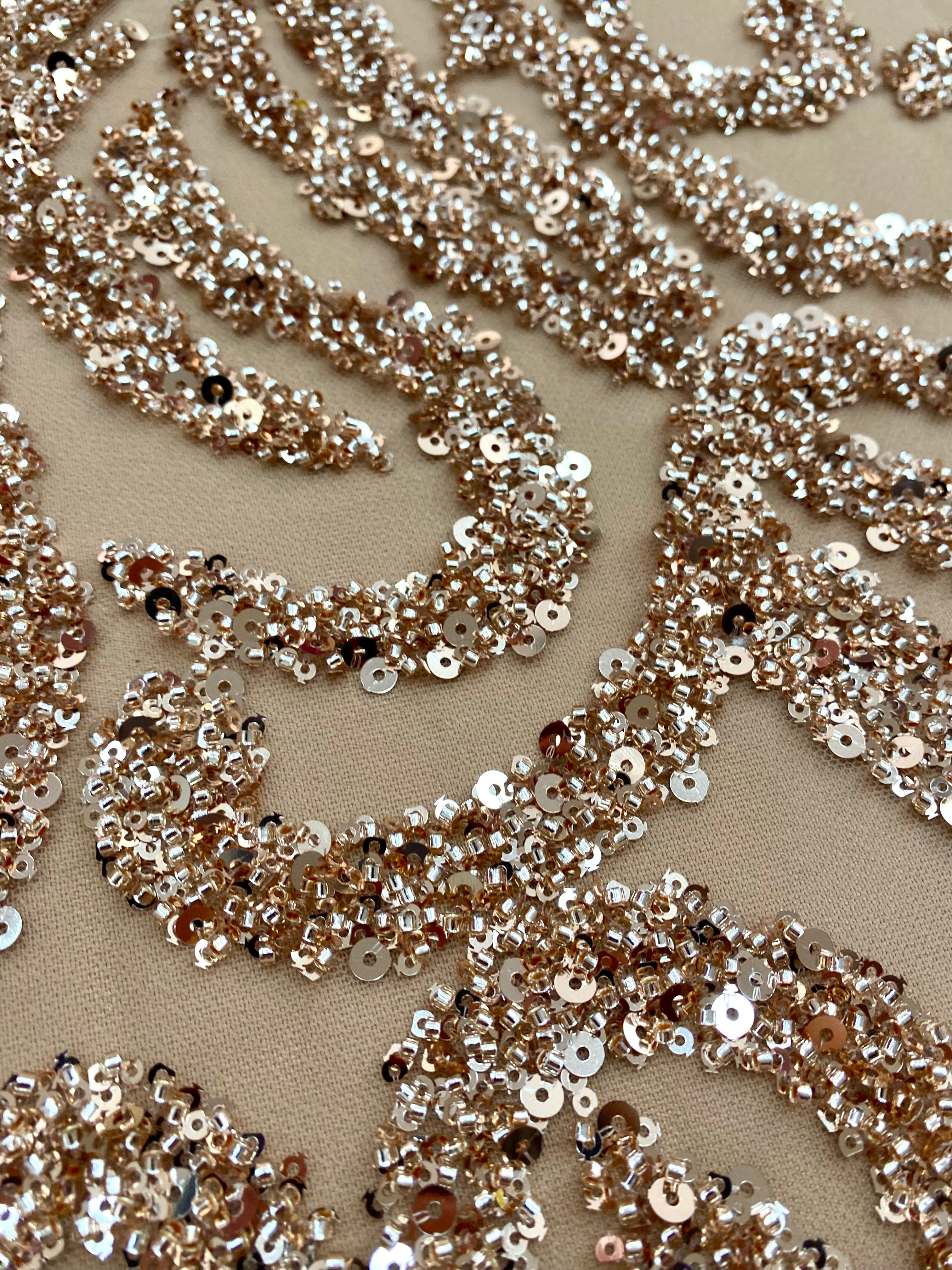 Dantela Couture Auriu Rose cu Model Geometric, cu Margele si Paiete