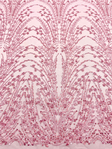 Dantela Couture Roz cu Model Geometric, cu Perle, Margele si Paiete