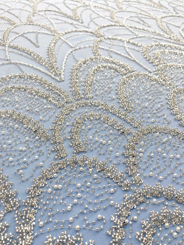 Dantela Couture Argintie cu Tulle Baby Blue cu Model Geometric, cu Perle, Margele Si Paiete