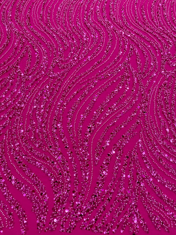 Dantela Couture Fucsia lineáris mintával, gyöngyökkel és flitterekkel