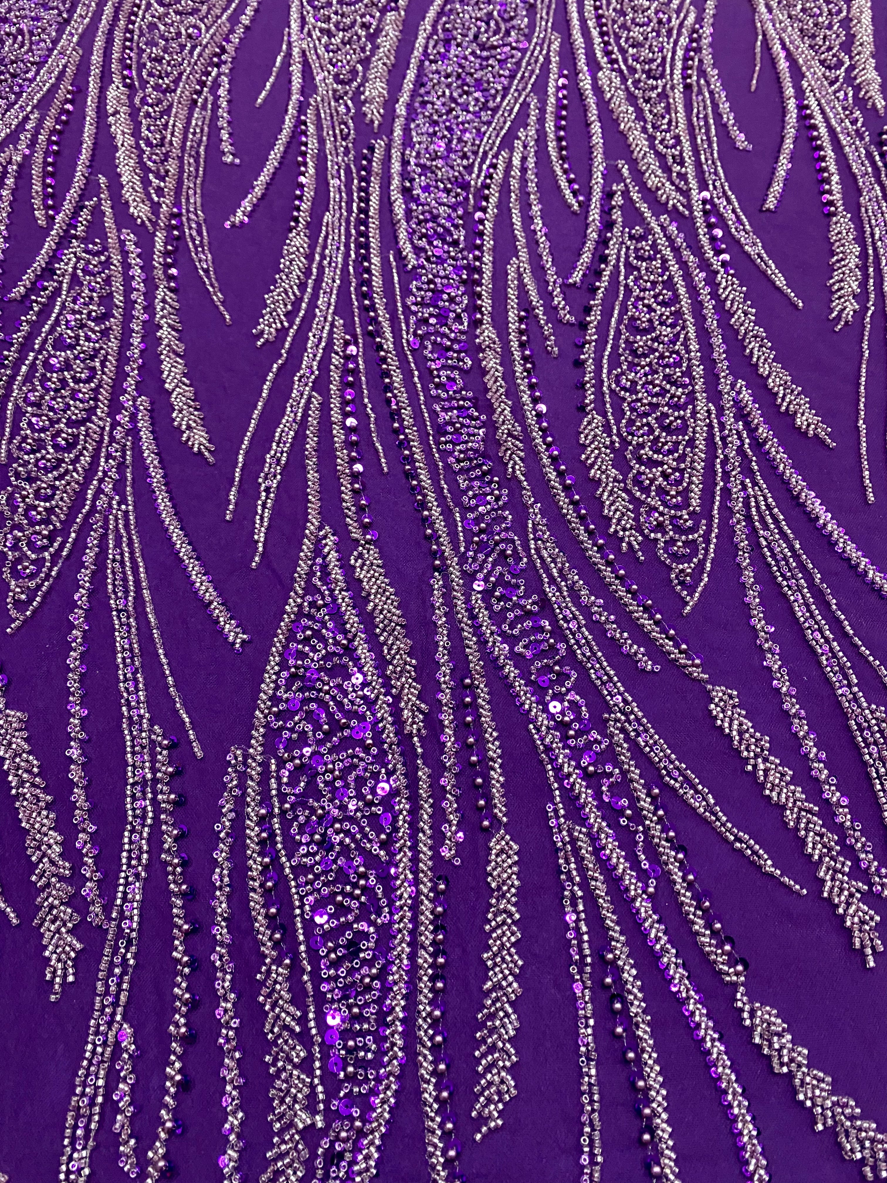 Dantela Couture Mov Inchis cu Panou, cu Perle, Margele si Paiete