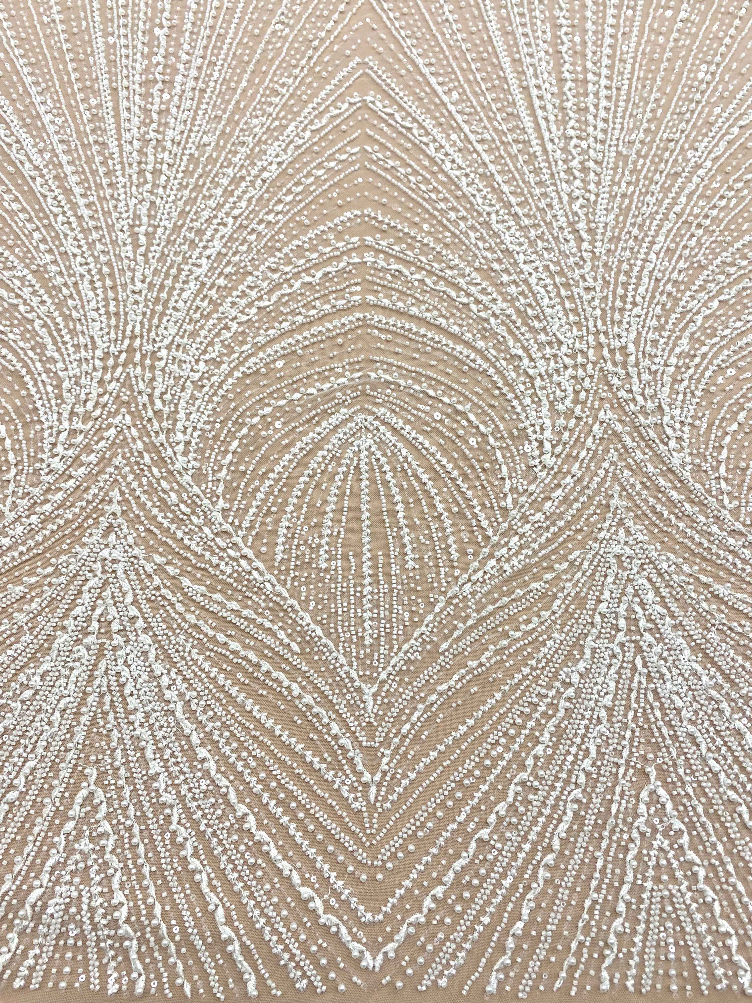 Dantela Couture Ivory cu Model Geometric, cu Perle, Margele si Paiete