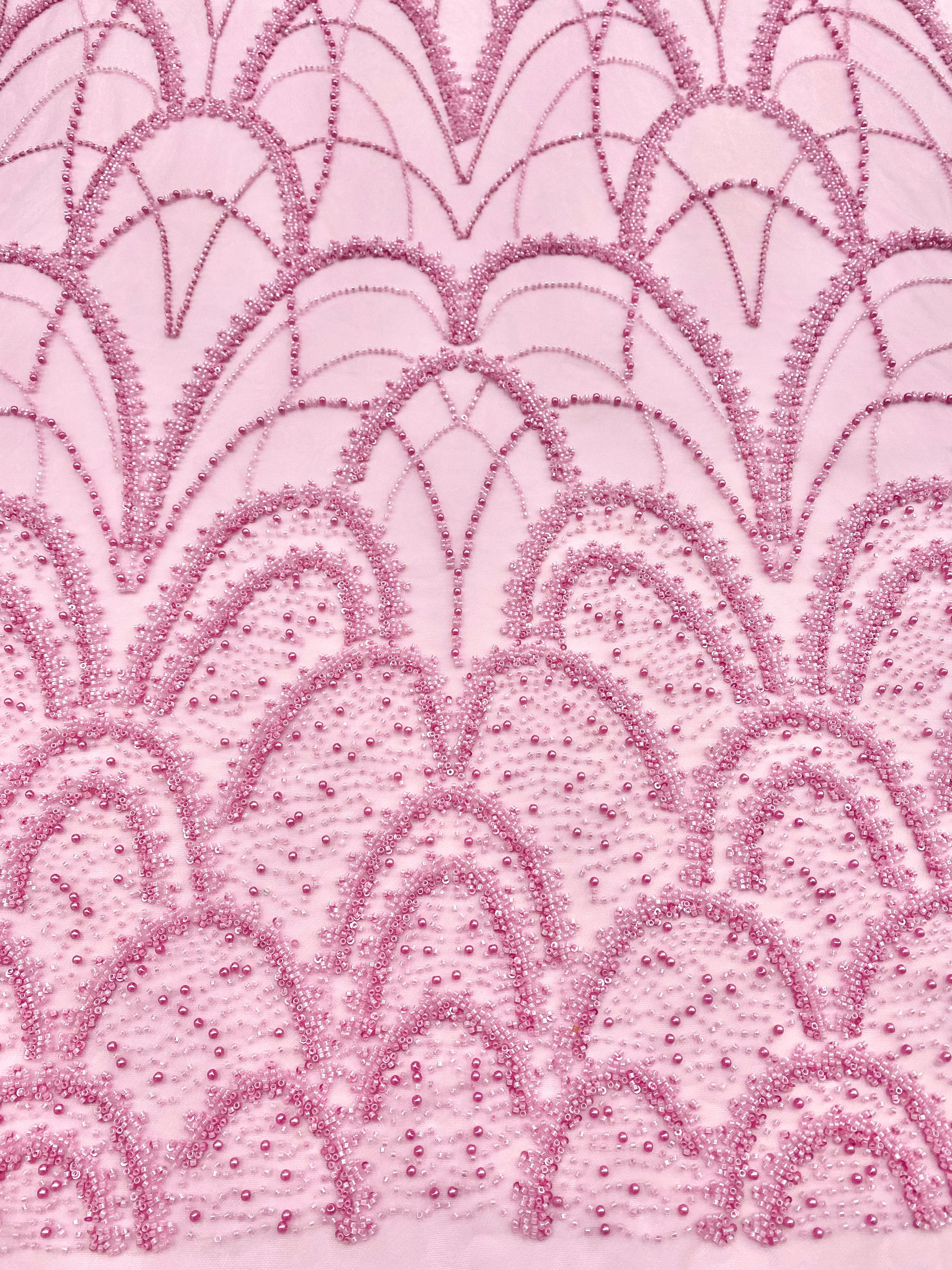 Dantela Couture Roz cu Model Geometric, cu Perle, Margele si Paiete