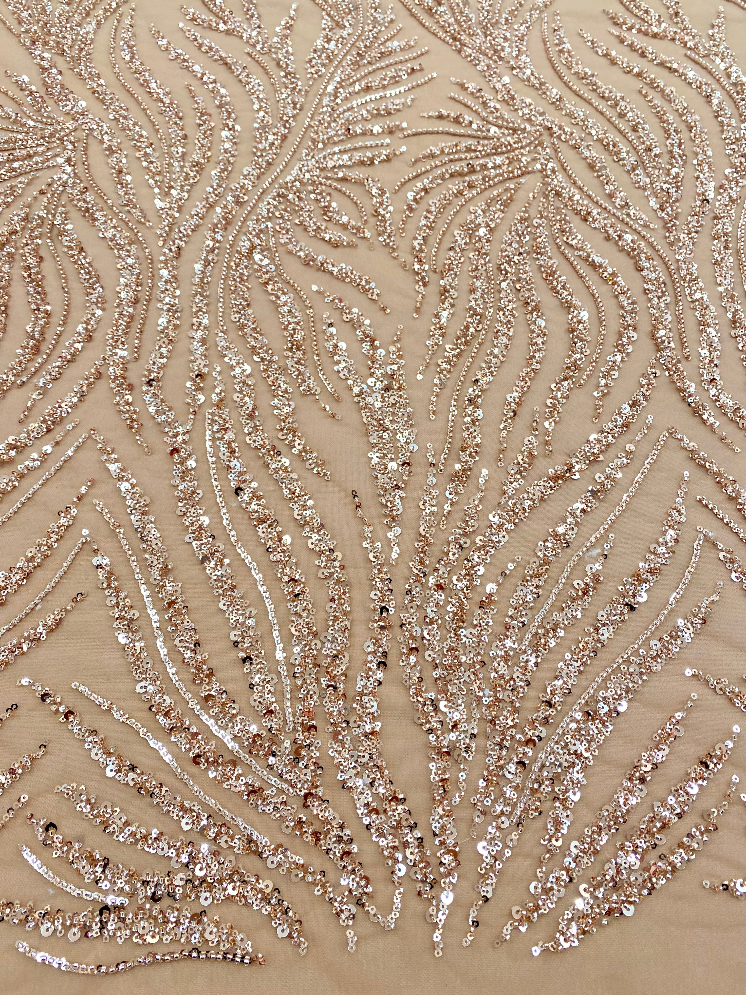 Dantela Couture Auriu Rose cu Siraguri, cu Margele si Paiete
