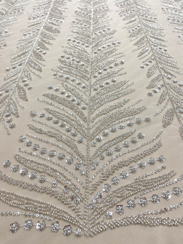 Dantela Couture Argintie cu Crengi, cu Margele si Paiete