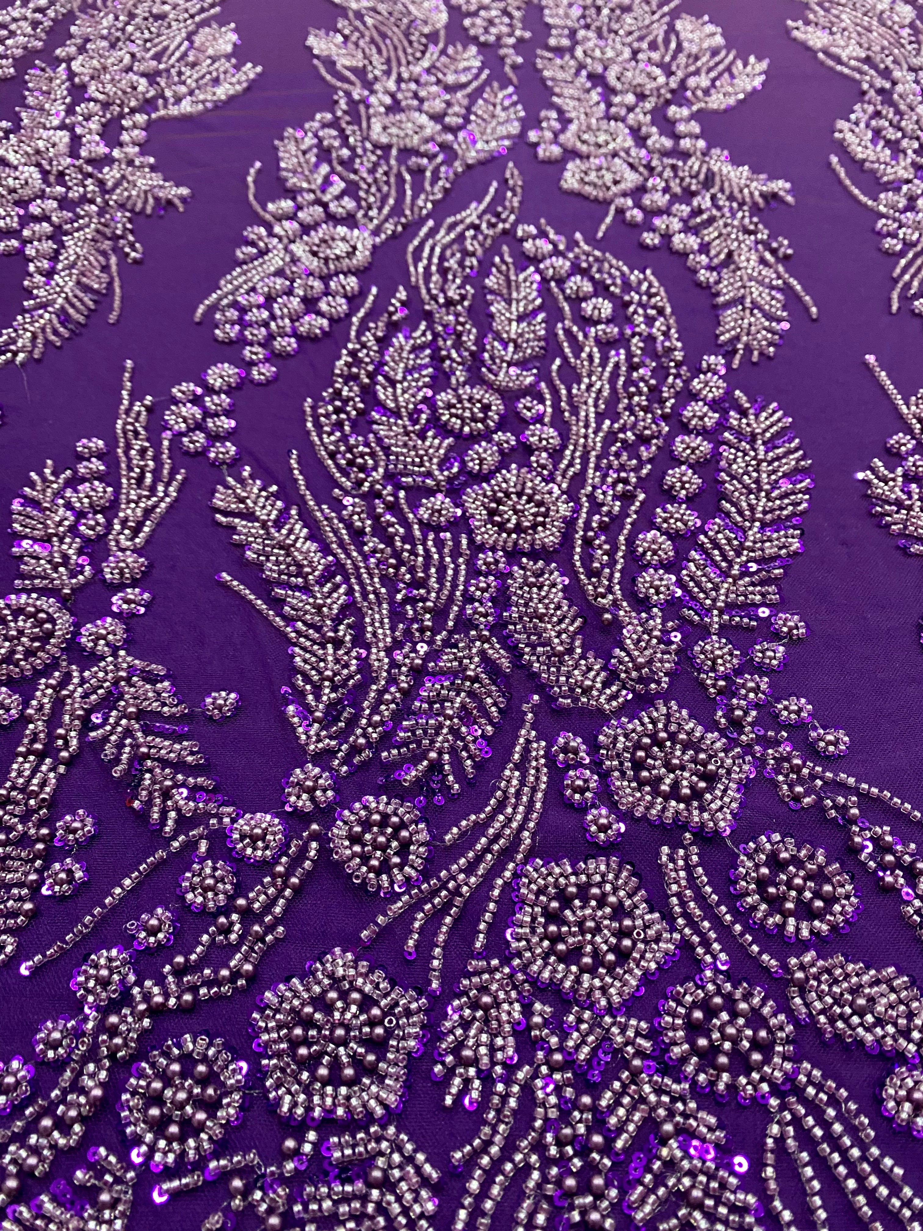 Dantela Couture Mov Inchis cu Model Floral, Perle, Margele si Paiete