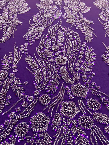 Dantela Couture Mov Inchis cu Model Floral, Perle, Margele si Paiete