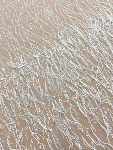 Dantela Couture Ivory cu Pene de Strut, cu Siraguri, cu Margele si Paiete