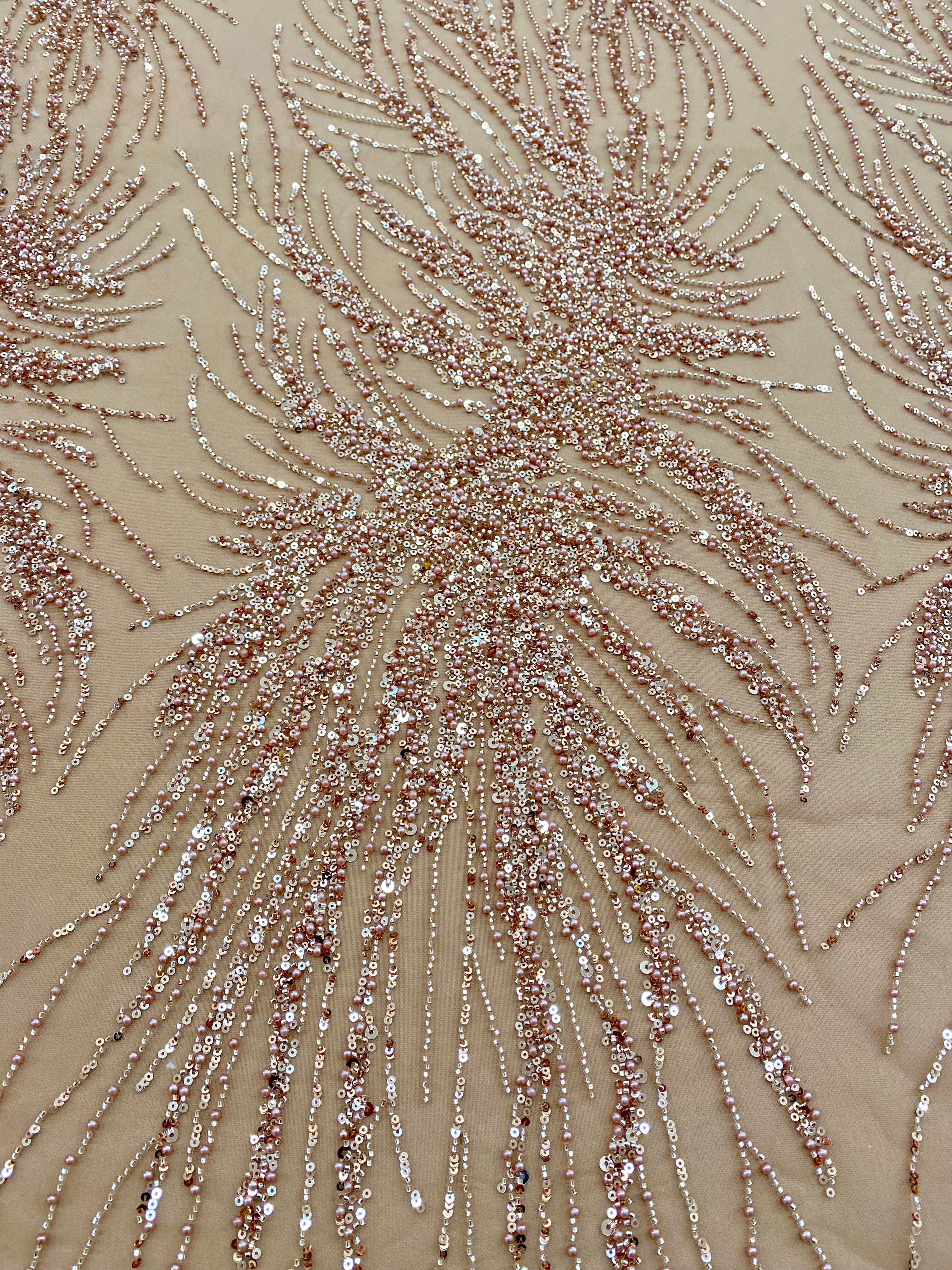 Dantela Couture Auriu Rose cu Model Liniar, cu Perle, Margele si Paiete