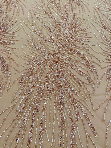 Dantela Couture Auriu Rose cu Model Liniar, cu Perle, Margele si Paiete