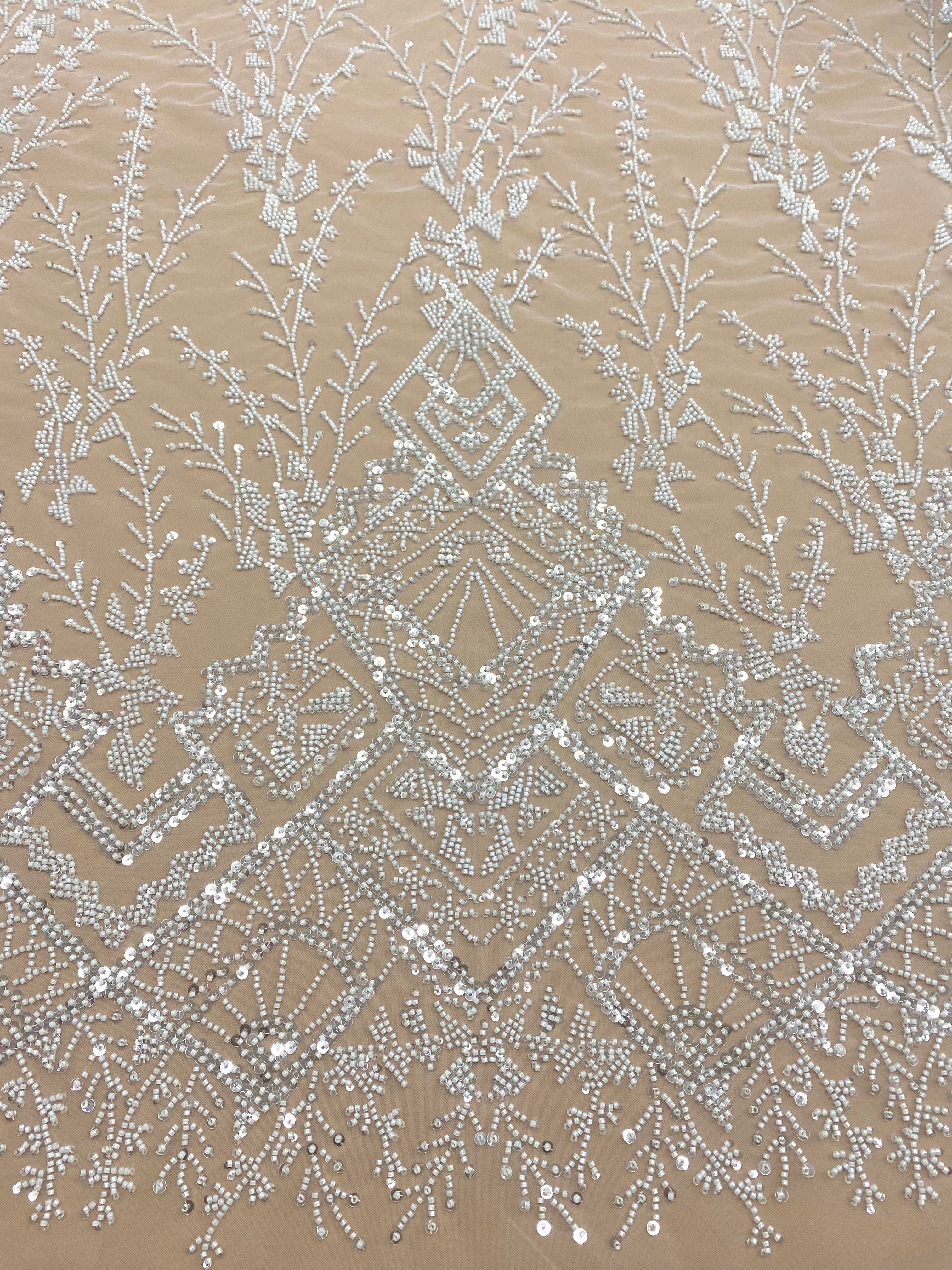 Dantela Couture Ivory cu Model Geometric, cu Margele si Paiete