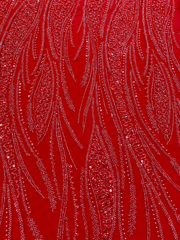 Piros Couture csipke geometriai mintával, gyöngyökkel, gyöngyöcskékkel és flitterekkel