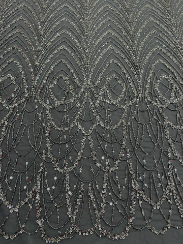 Dantela Couture Gri Antracit cu Model Geometric cu Margele si Paiete