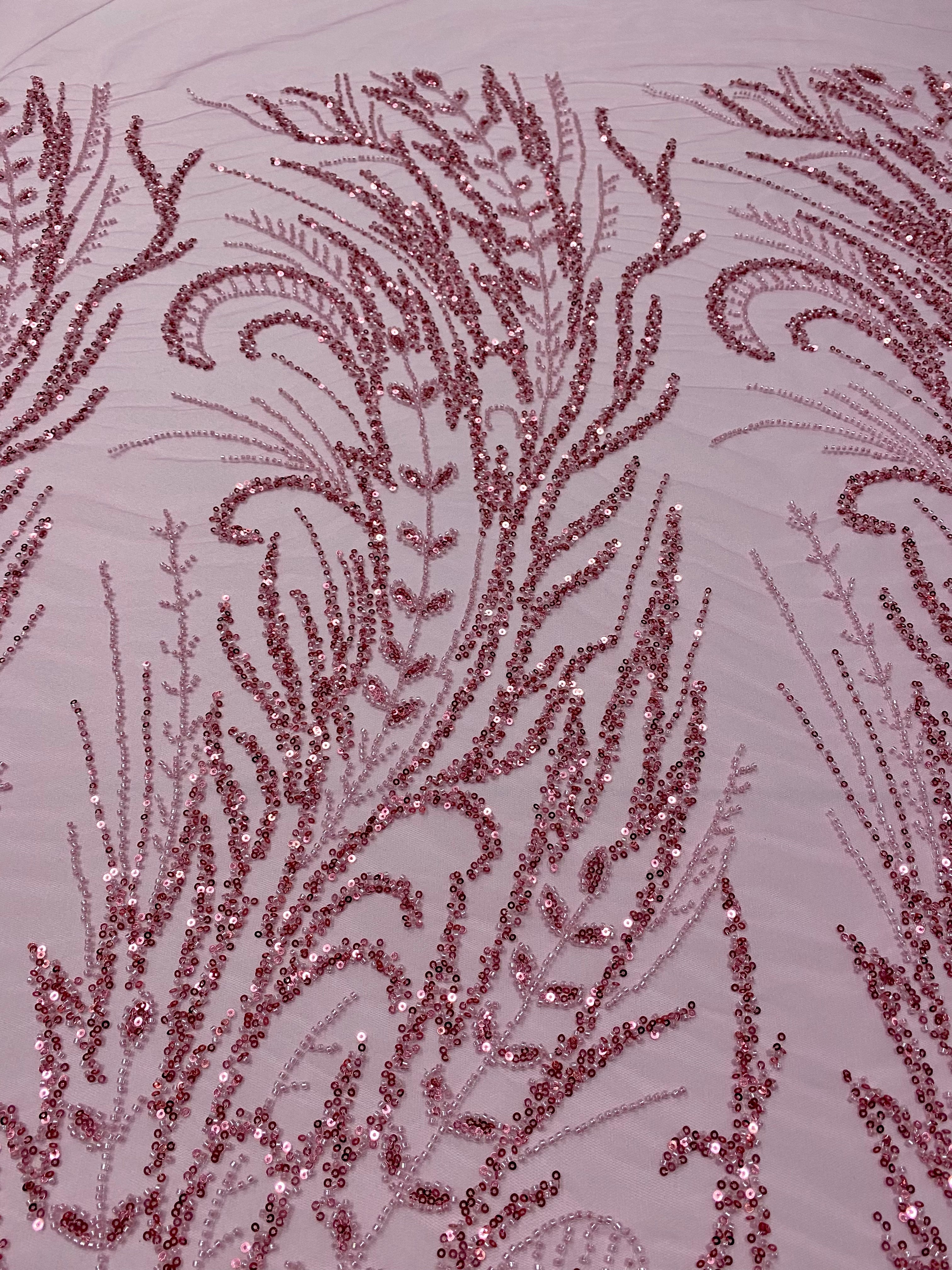 Dantela Couture Roz cu Model Floral, cu Margele si Paiete