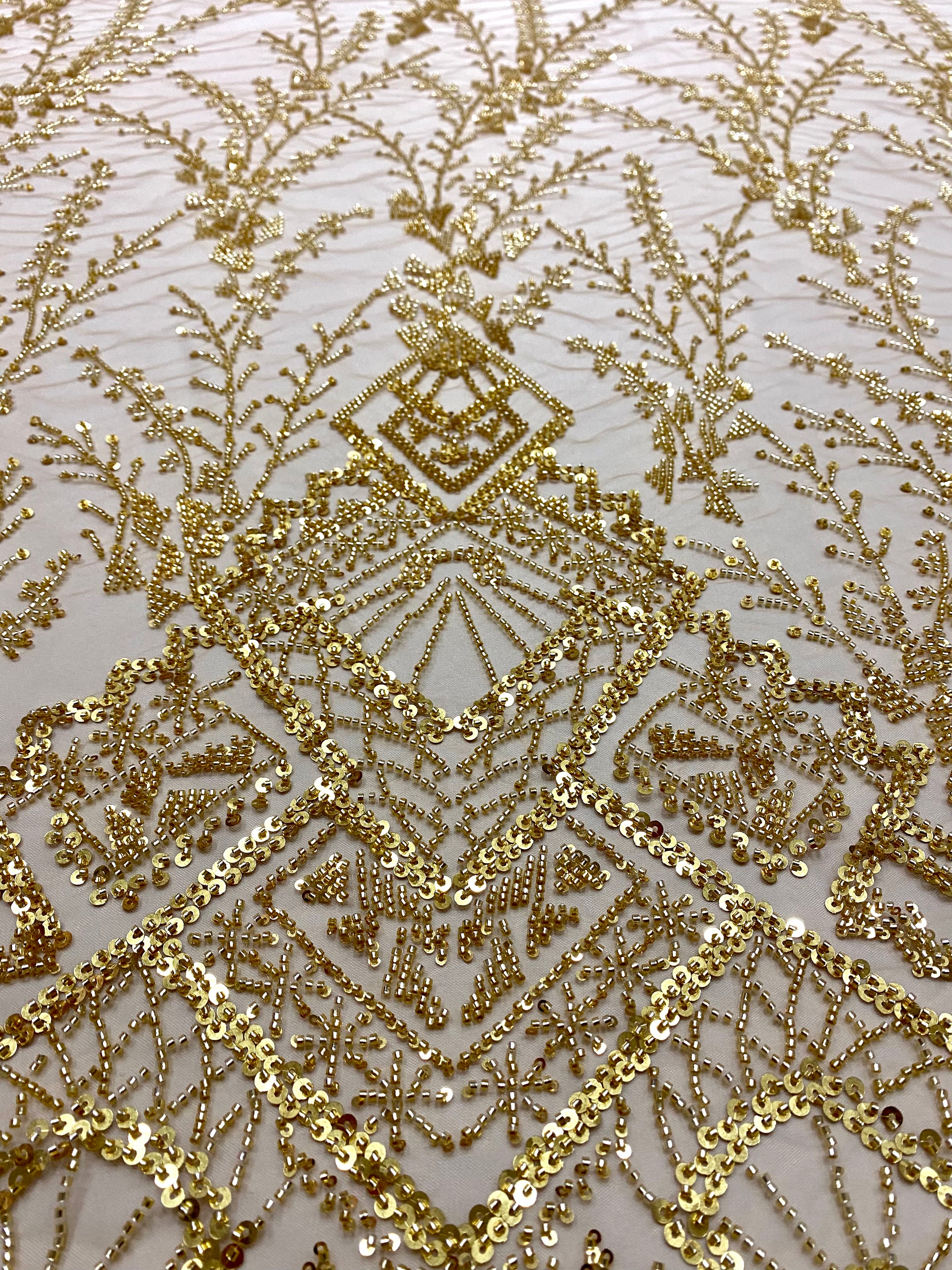 Dantela Couture Aurie cu Model Geometric, cu Margele si Paiete