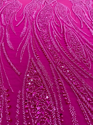 Dantela Couture Fucsia cu Panou, cu Perle, Margele si Paiete