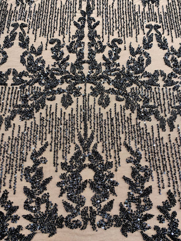 Dantela Couture Neagra cu Model Geometric, cu Perle, Margele si Paiete