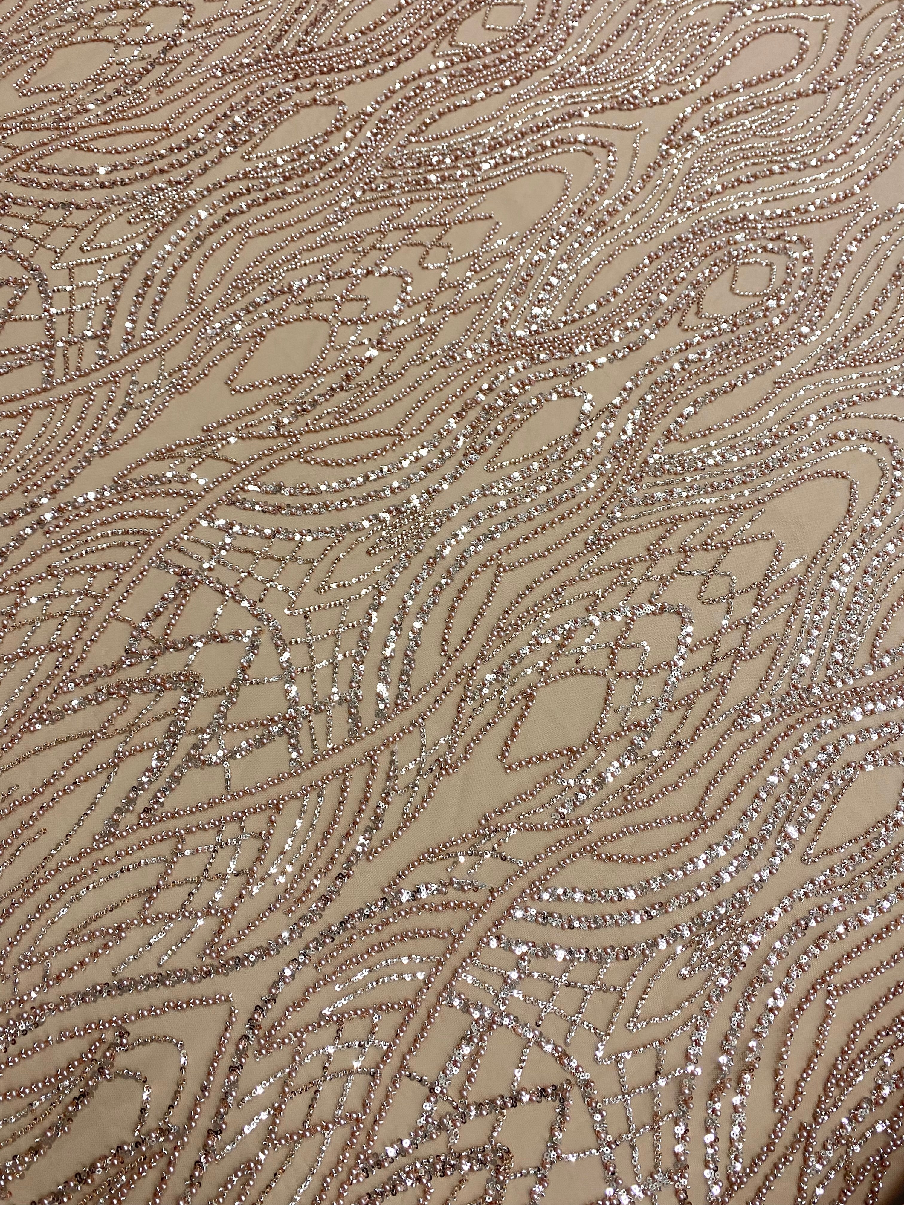 Dantela Couture Auriu Rose cu Perle, Margele si Paiete