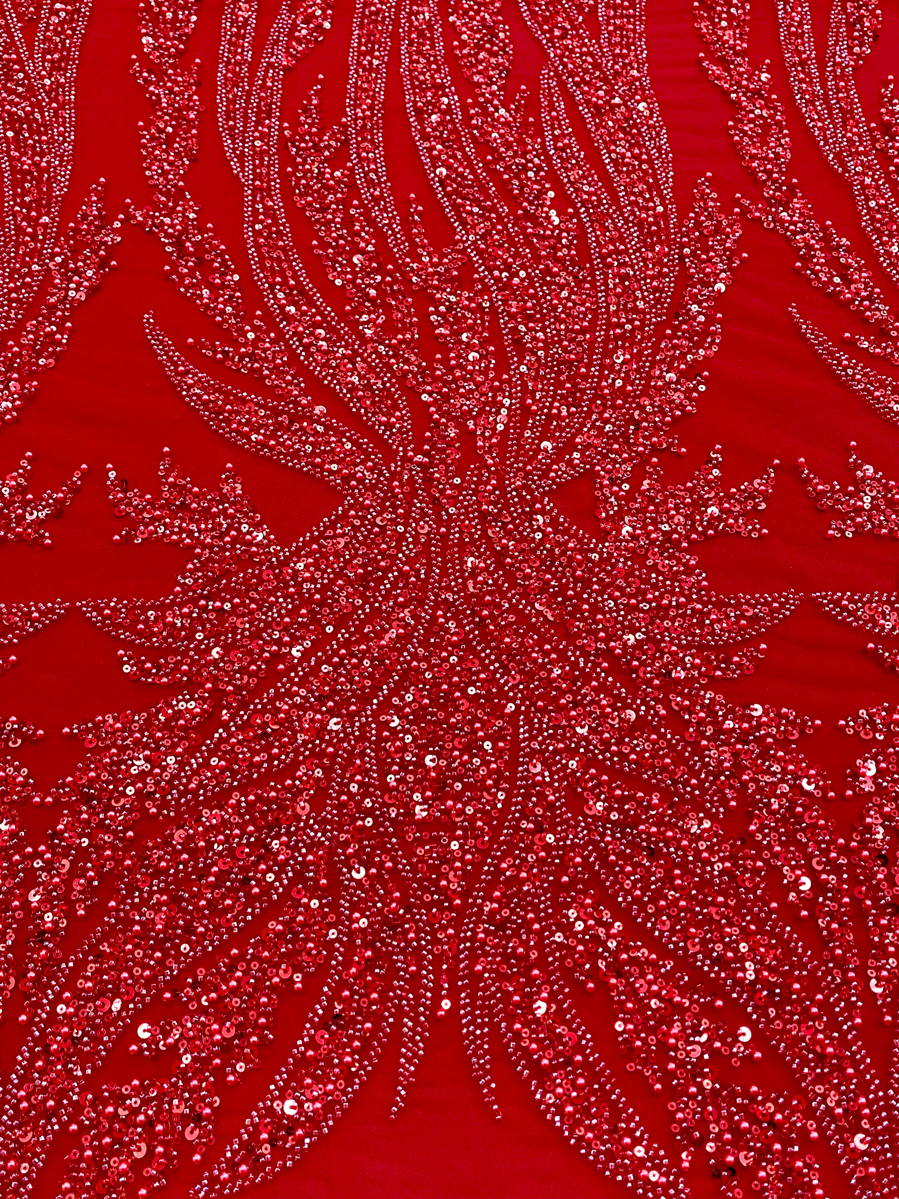 Piros Couture csipke geometriai mintával, gyöngyökkel, gyöngyöcskékkel és flitterekkel