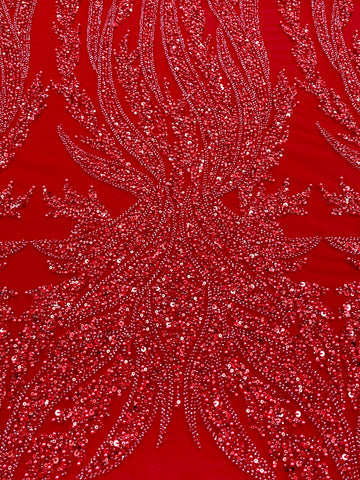Piros Couture csipke geometriai mintával, gyöngyökkel, gyöngyöcskékkel és flitterekkel
