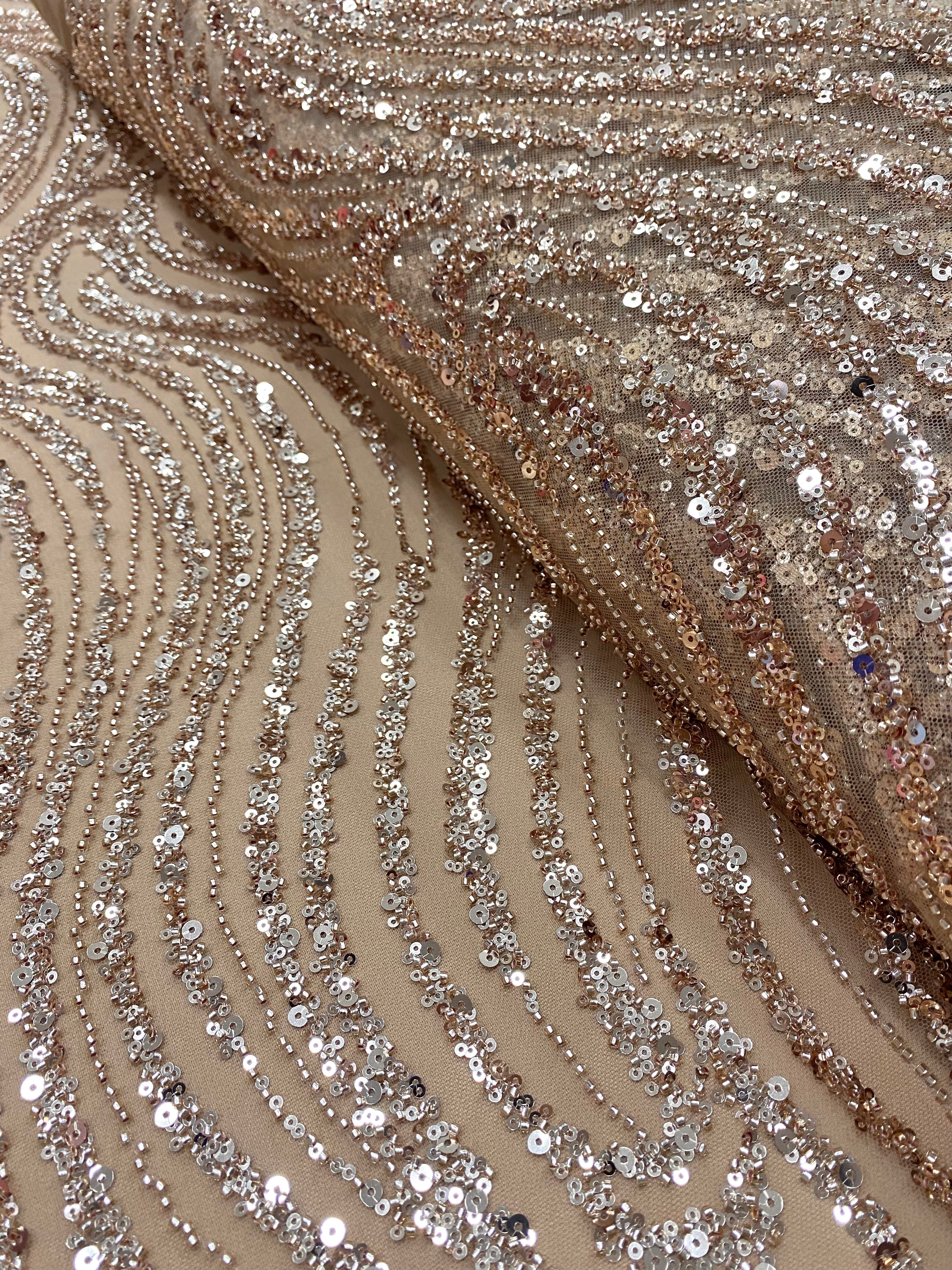 Dantela Couture Auriu Rose cu Model Liniar, cu Margele si Paiete