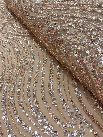 Dantela Couture Auriu Rose cu Model Liniar, cu Margele si Paiete