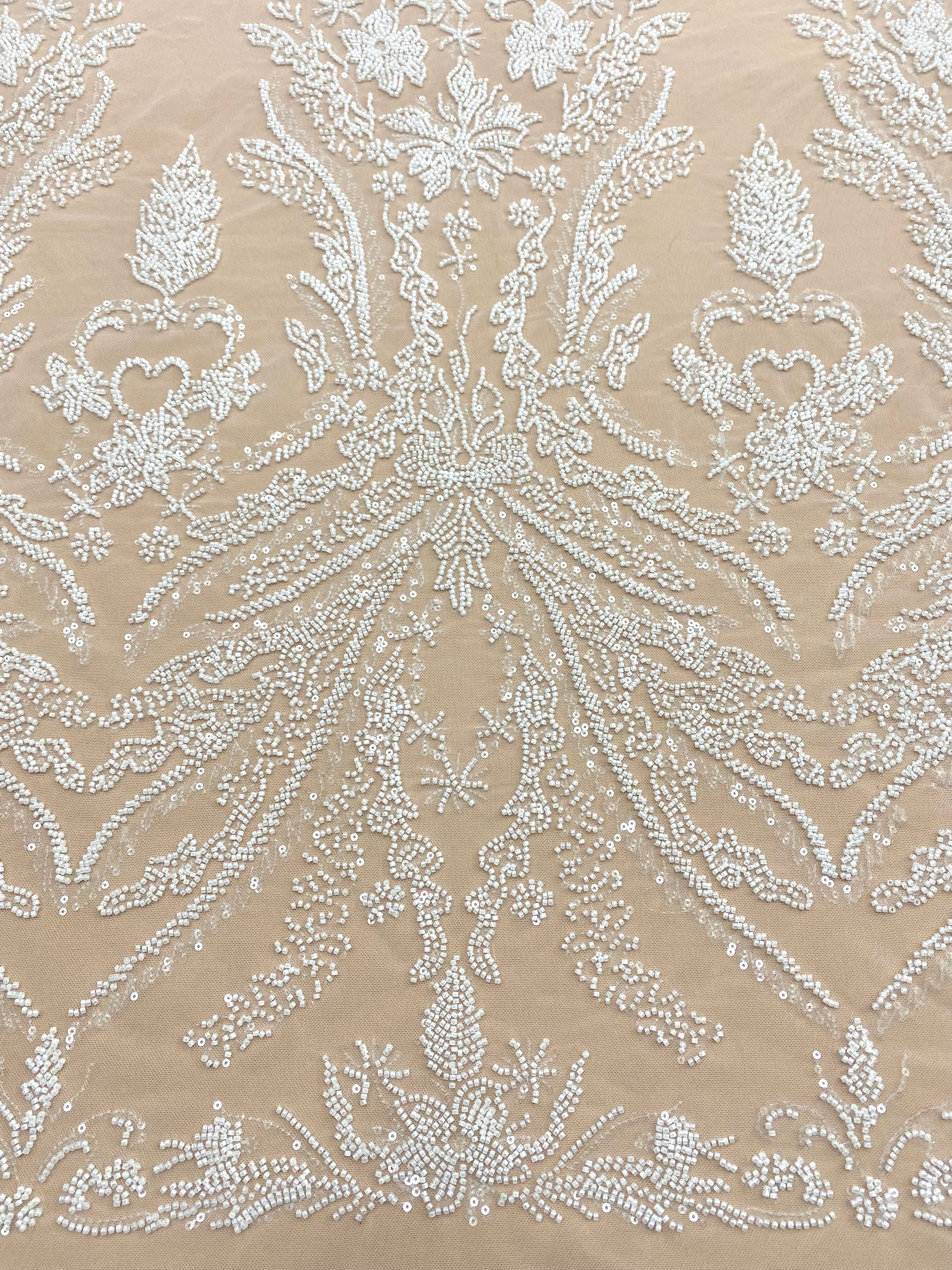 Dantela Couture Ivory cu Model Floral, cu Margele si Paiete