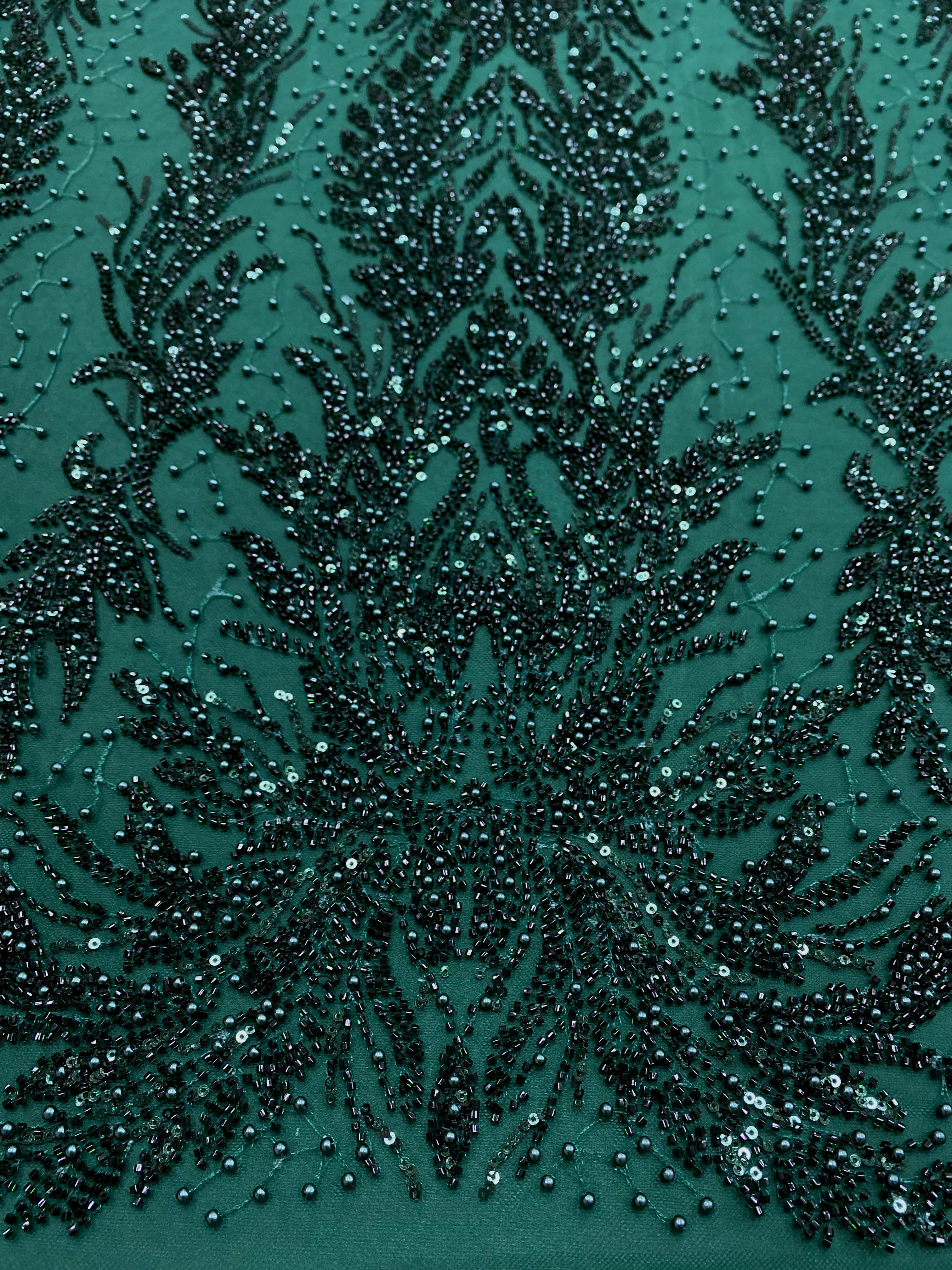 Dantela Couture Verde Inchis cu Model Simetric, cu Perle, Margele si Paiete