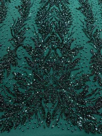 Dantela Couture Verde Inchis cu Model Simetric, cu Perle, Margele si Paiete