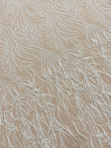 Dantela Couture Ivory cu Pene de Strut, cu Siraguri, cu Margele si Paiete