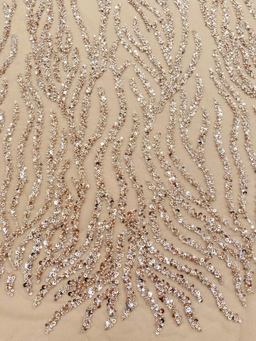 Dantela Couture Auriu Rose cu Siraguri, cu Margele si Paiete