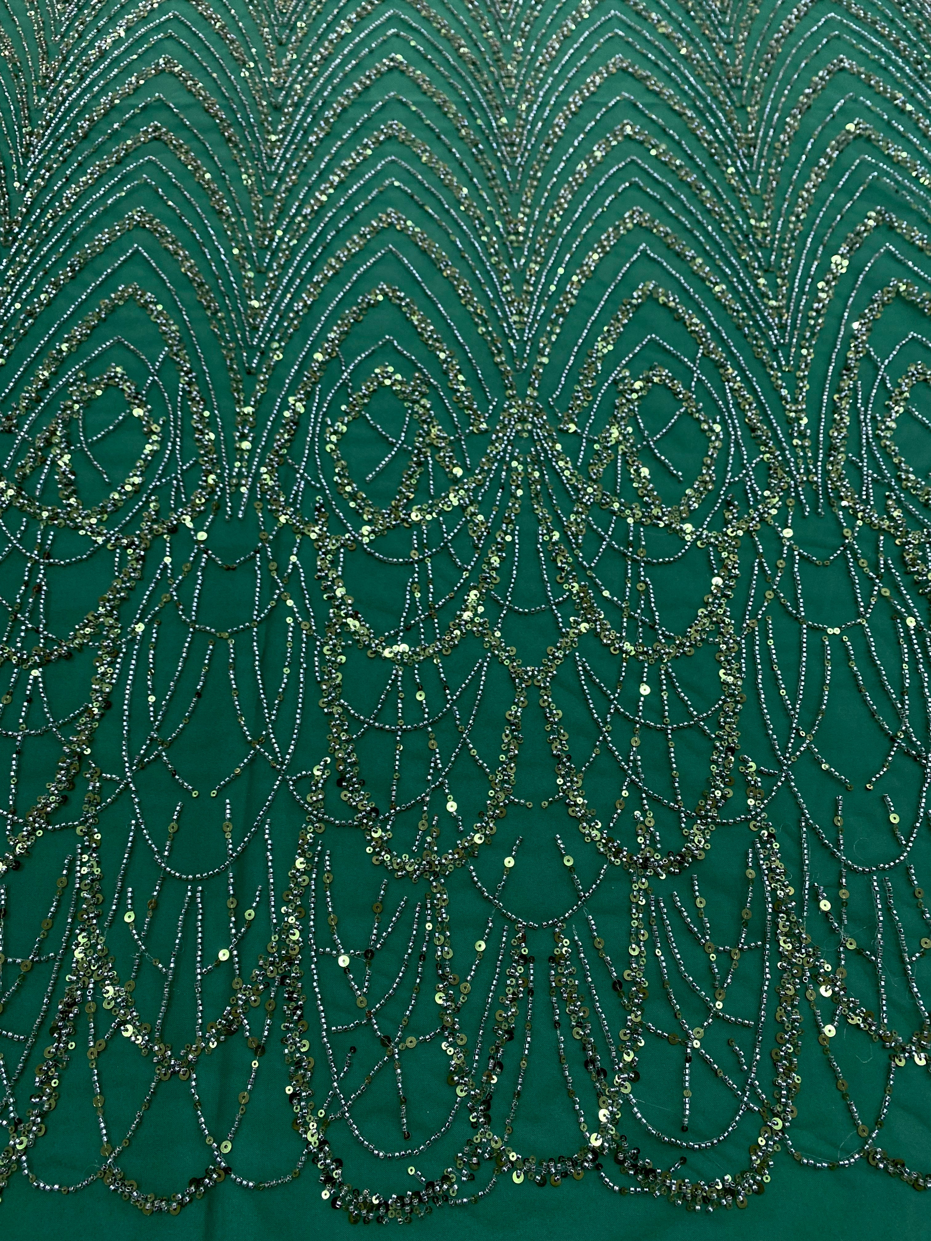 Dantela Couture Verde Smarald cu Model Geometric cu Margele si Paiete