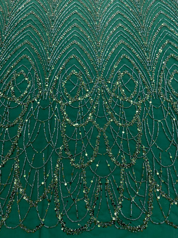 Dantela Couture Verde Smarald cu Model Geometric cu Margele si Paiete