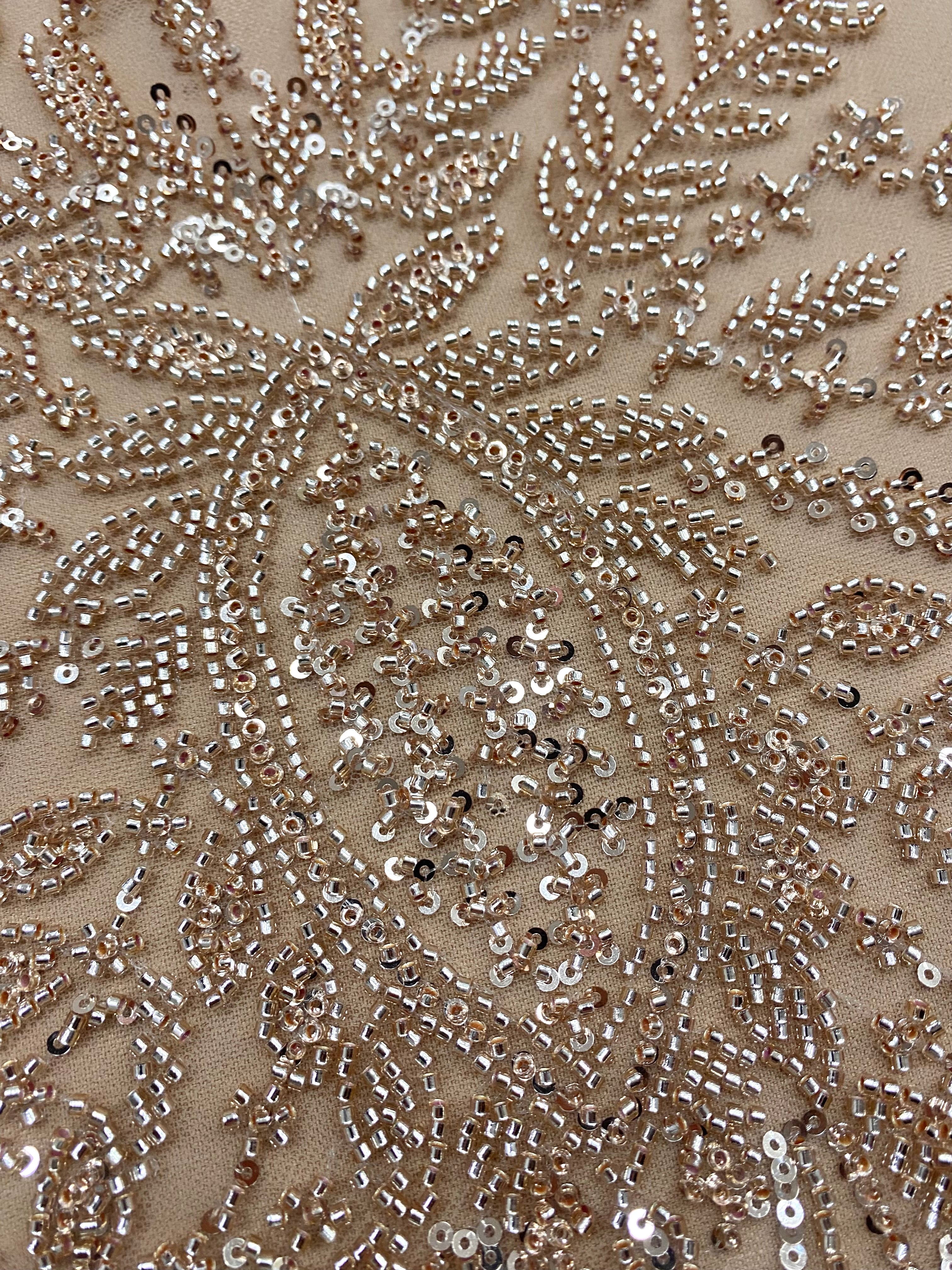 Dantela Couture Auriu Rose cu Model Simetric, cu Margele si Paiete