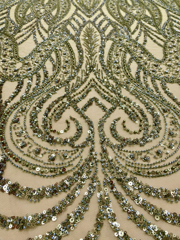 Dantela Couture Olive geometriai mintával, gyöngyökkel, gyöngyökkel és flitterekkel