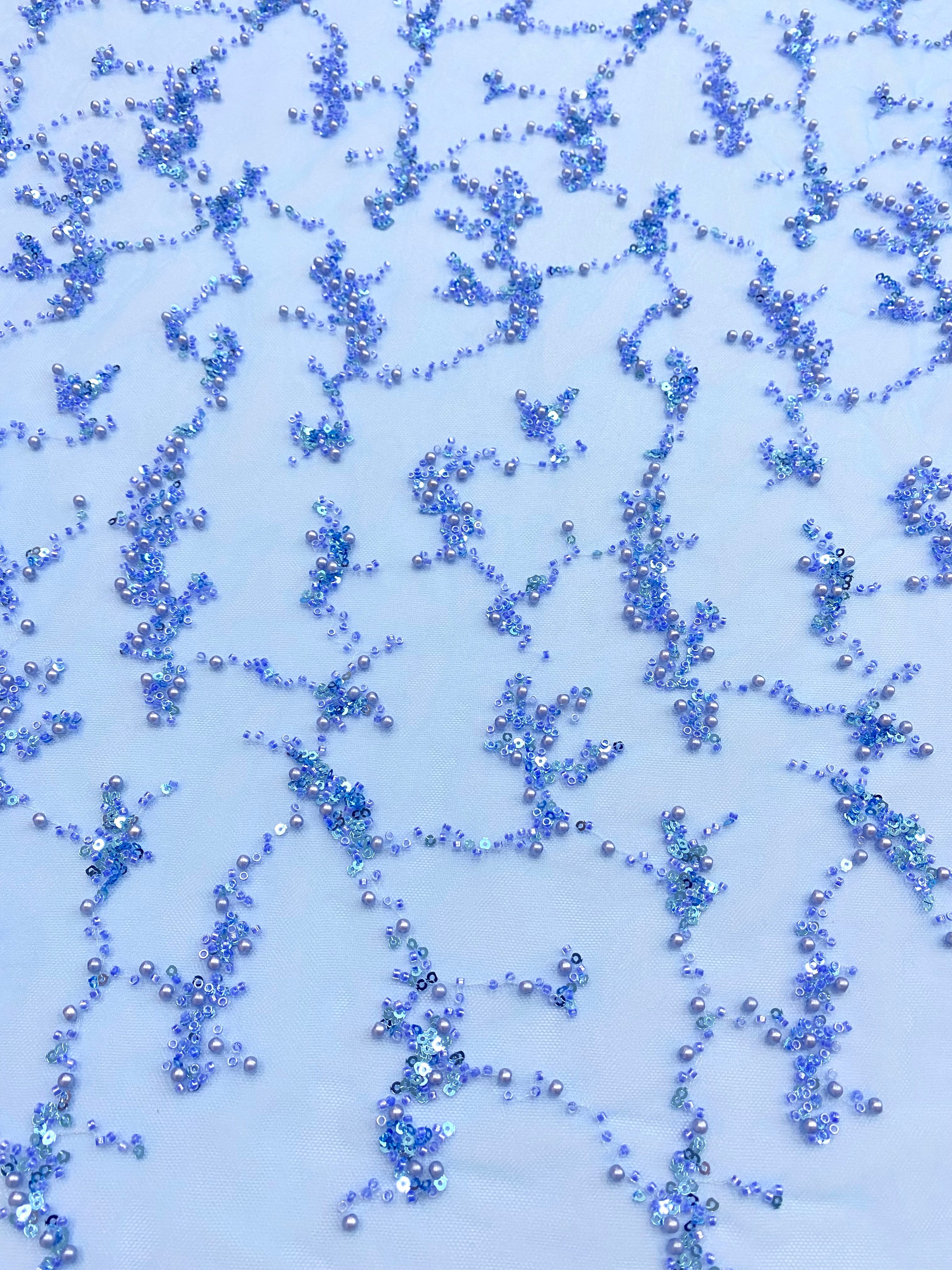 Dantela Couture Sky Blue cu Perle, Margele si Paiete