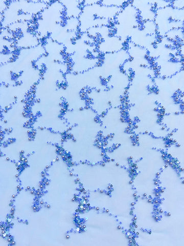 Dantela Couture Sky Blue cu Perle, Margele si Paiete