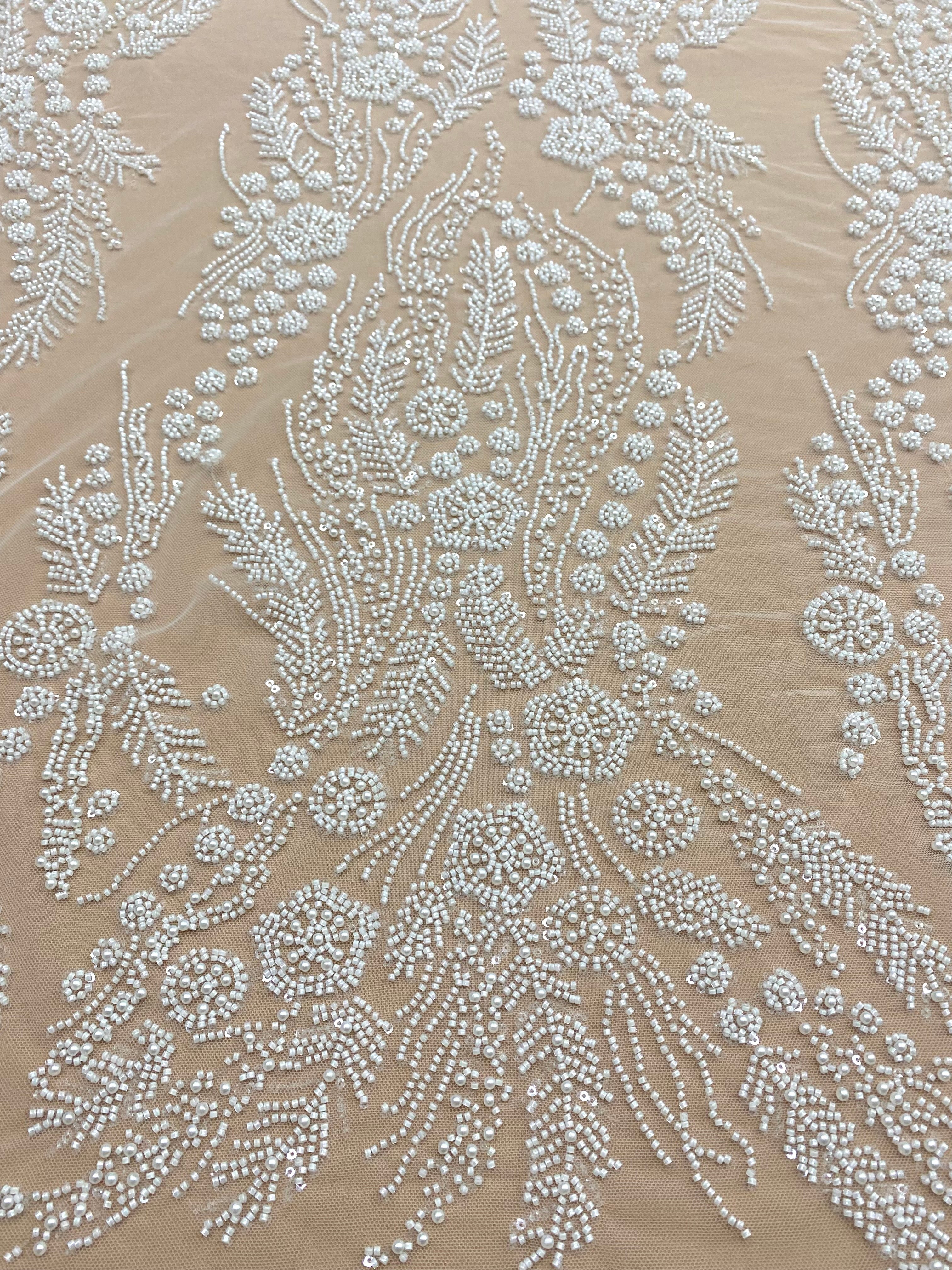 Dantela Couture Ivory cu Model Floral, Perle, Margele si Paiete