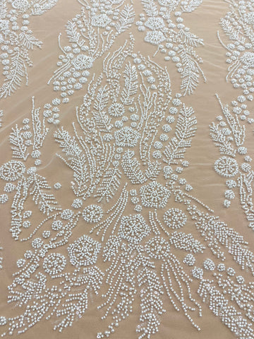 Dantela Couture Ivory cu Model Floral, Perle, Margele si Paiete