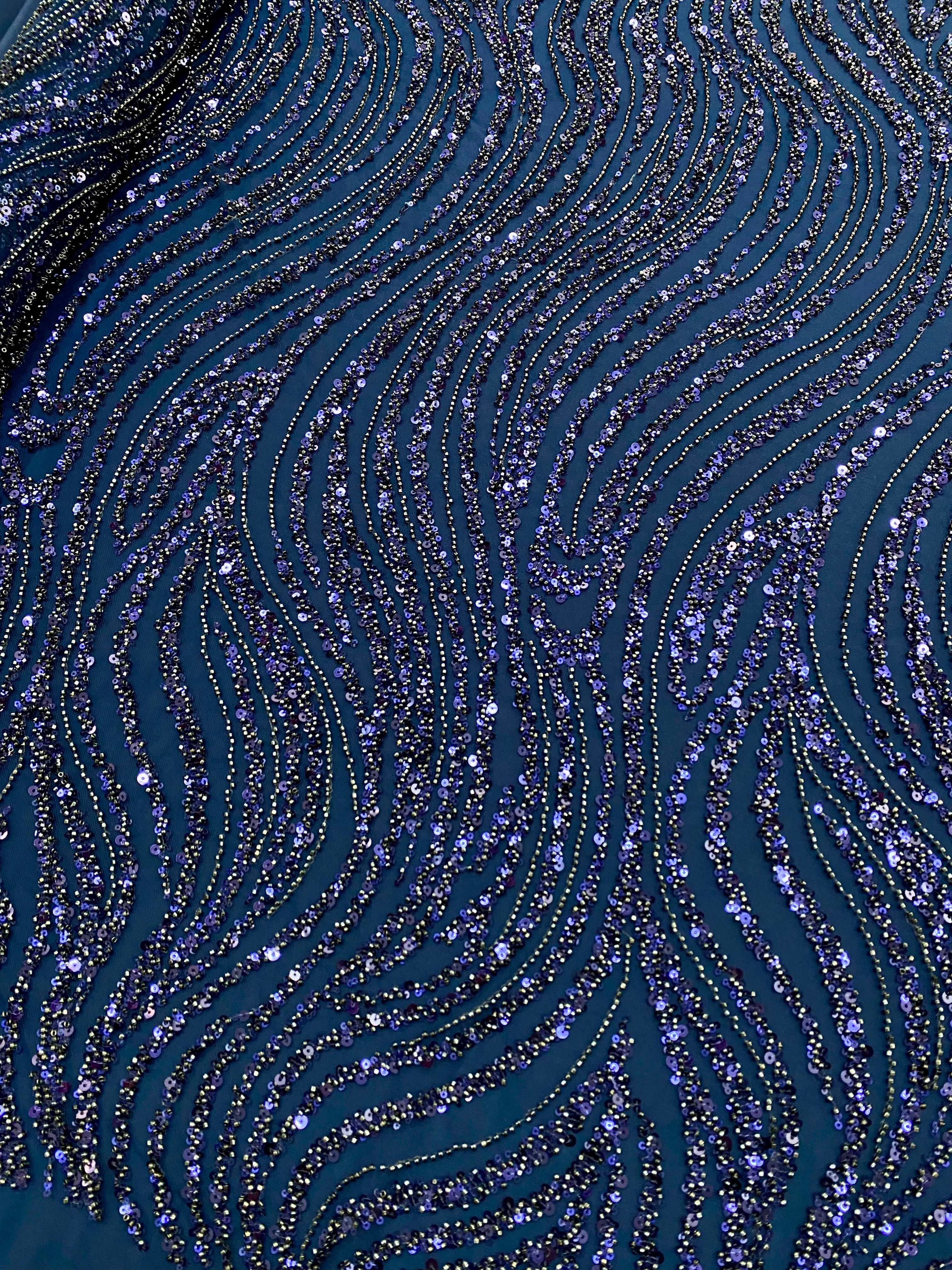 Dantela Couture Bleumarin cu Model Liniar, cu Margele si Paiete