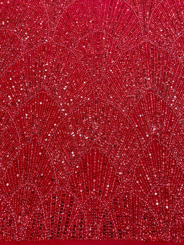Piros Couture csipke geometriai mintával, gyöngyökkel, gyöngyöcskékkel és flitterekkel