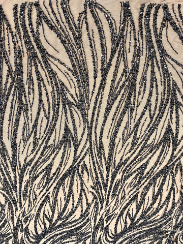 Dantela Couture Neagra cu Model Geometric, cu Perle, Margele si Paiete